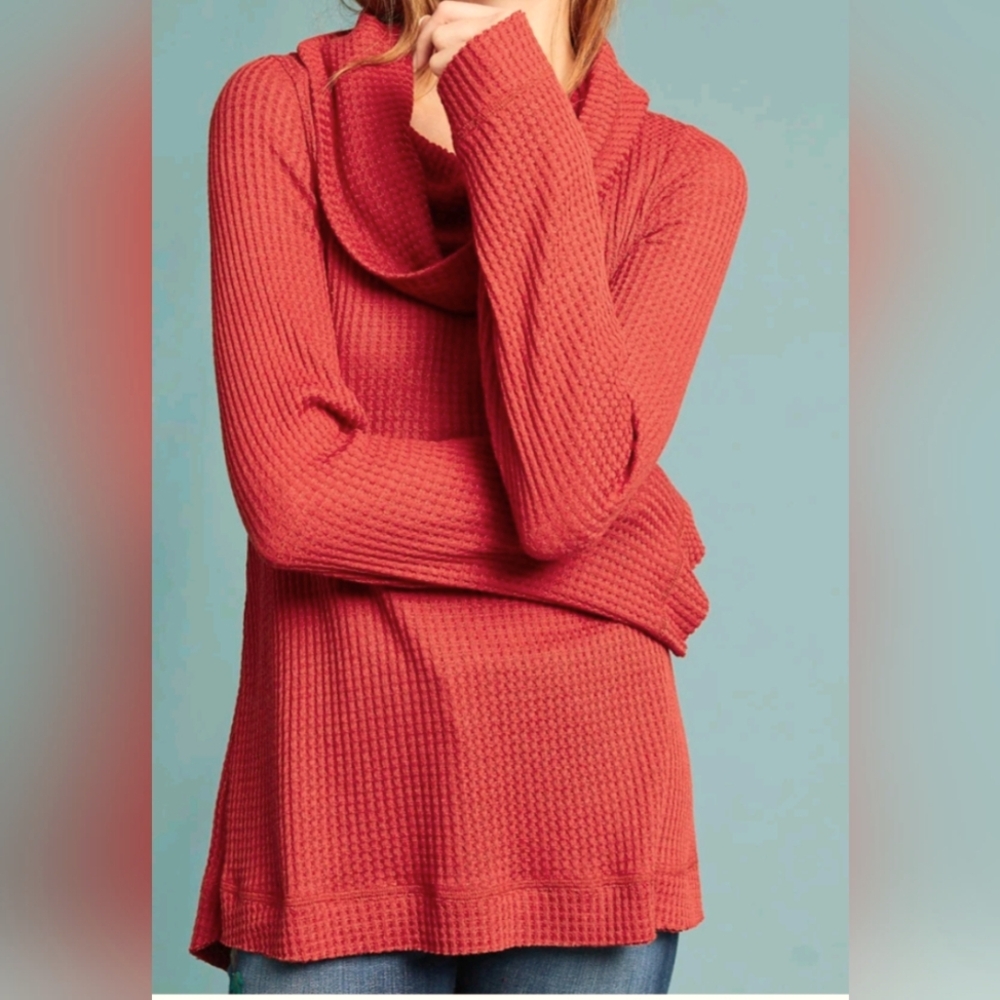 ANTHROPOLOGIE MEADOW RUE RED LONG SLEEVE COWLED THERMAL TUNIC TOP, Sz XL - Picture 2 of 9